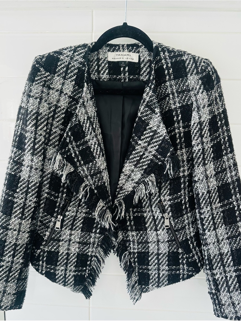 Tahari Black & White Tweed Fringe Blazer